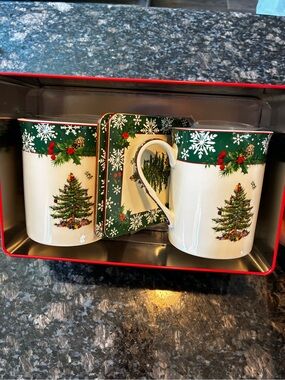 Vintage Spode Christmas Tree 5 Pc Mug Gift Set Tin Coasters